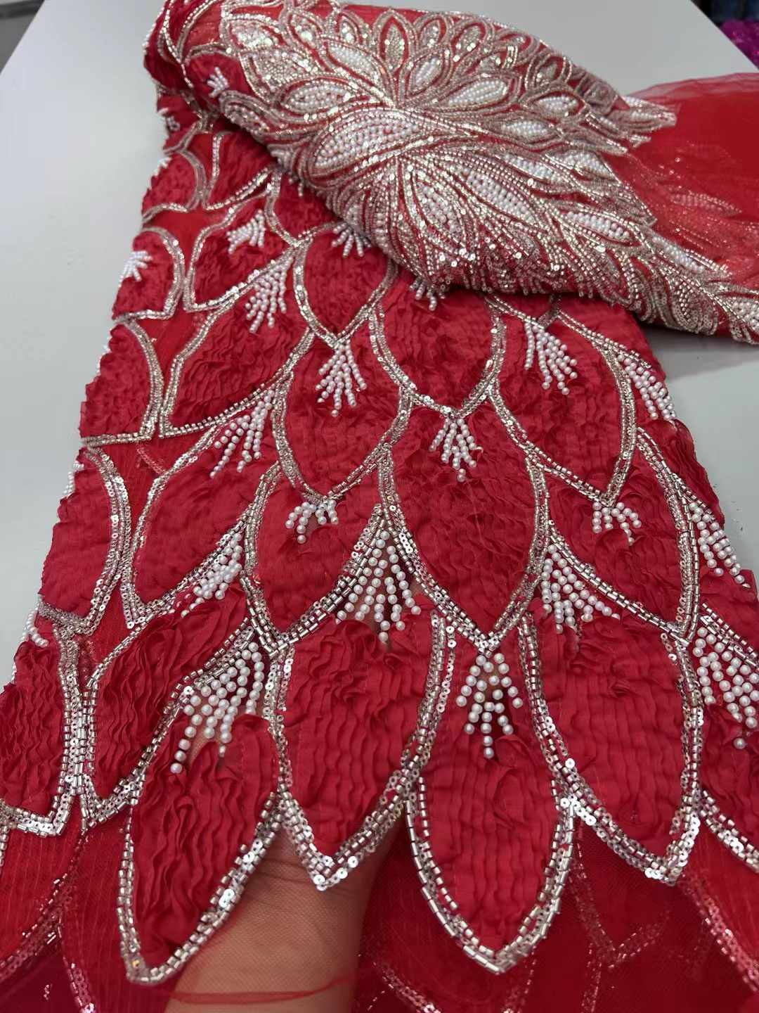 Sewing Net - 3D-kantstof met kralen Rode kantstof Hoge
